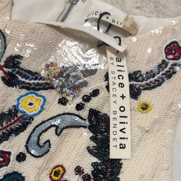 Alice + Olivia Cream Beaded Mini Dress with Red, Blue, Yellow Embroidery - Picture 3 of 8